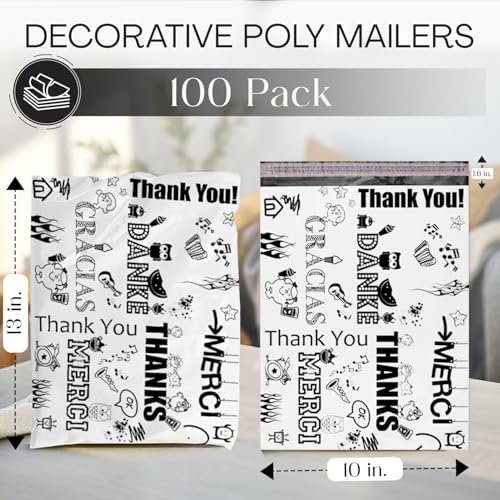 Shop4Mailers 10 x 13 Glossy Decorative Thank You Plastic Poly Mailer Bags Waterproof Shipping Mailing Envelope 2 Mil – Permanent Adhesive Seal (100 Pack, Multi-Language) - size: 10 X 13