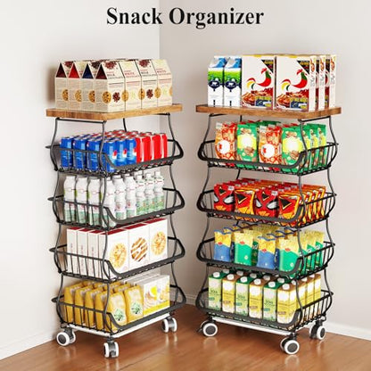 SAYZH 5-Tier Fruit and Vegetable Basket Stand for Kitchen, Wood Top, Black - color: Black, size: 5 Tiers