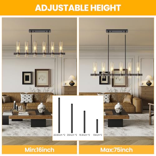 6-Light Linear Chandelier for Dining Room Clear Glass Shades Black