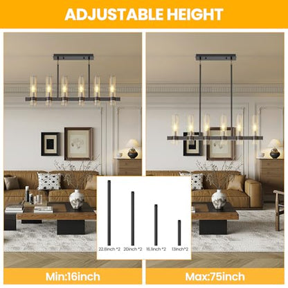 6-Light Linear Chandelier for Dining Room Clear Glass Shades Black