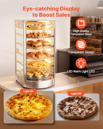 VEVOR 5-Tier Commercial Food Warmer Display, 800W Food Display Warmer with LED Light, Adjustable Shelf and Stainless Steel Frame, 86℉~185℉ Air Heating, 60L for Hamburger, Pizza, Bread, Fried Chicken - size: 5-Tier-63Qt