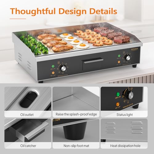 ROVSUN 30" Electric Griddle, Electric Countertop with Half Flat Top Griddle, 3000W Grill Stainless Steel with Adjustable Temperature Control 122°F-572°F for Commercial Home Restaurant, Plug - size: 30"