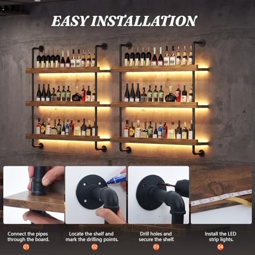 Large Wine Rack Wall Mounted with LED Light, Solid Wood Bar Shelves Wall Mounted, 3-Tiers Liquor Bottles Floating Shelves Display Storage Organizer for Home Bar, Dining Room(31.4 inch) - size: 31.4 inch