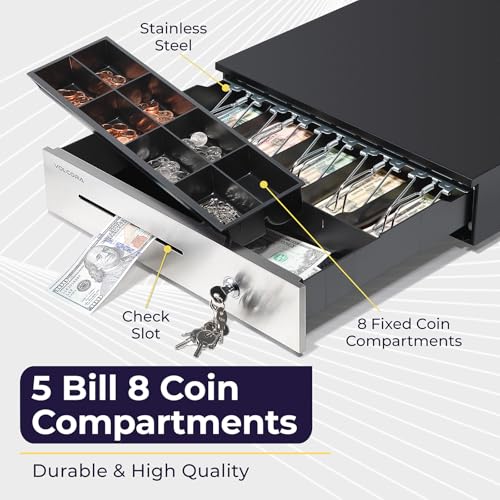 Manual Push Open Cash Register Drawer with Under Counter Mounting Metal Bracket - 16" Black/Stainless Steel Front Cash Drawer for POS, Partial Removable 5 Bill 8 Coin Tray, Key Lock, Media Slots - color: Black and Stainless Steel