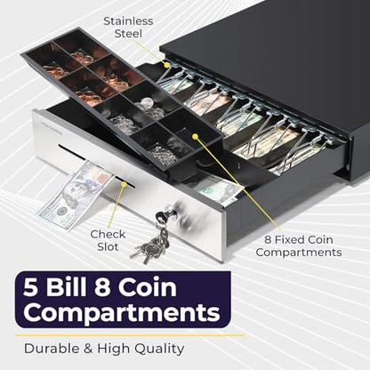 Manual Push Open Cash Register Drawer with Under Counter Mounting Metal Bracket - 16" Black/Stainless Steel Front Cash Drawer for POS, Partial Removable 5 Bill 8 Coin Tray, Key Lock, Media Slots - color: Black and Stainless Steel