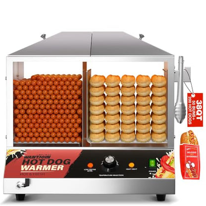 WantJoin Hot Dog Steamer Machine, 36L/38QT Electric Hot Dog Steamer with Bun Warmer, Stainless Steel Hot Dog Cabinet with Tempered Glass for 110-125 Sausages & 40-45 Buns,1200W - color: Silver, size: 38QT