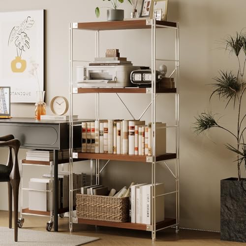 4-Tier Industrial Bookshelf, Wood and Metal Shelf Unit, Storage Bookcase - color: Walnut, size: 4T24IN