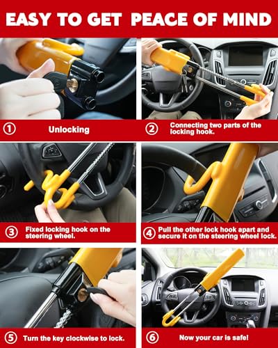 Tevlaphee Steering Wheel Lock - Heavy Duty Antitheft Device and Car Security Lock with Adjustable Locking and 3 Keys - Great Vehicle and Truck Deterrent (Yellow) - color: Yellow