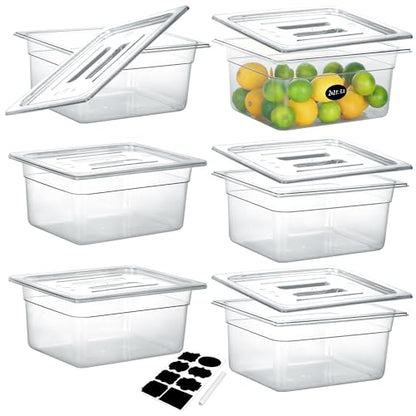 BIEAMA 6 Pack 1/2 Size 6" Deep NSF Polycarbonate Food Pans with Lids - color: 1/2 Size, size: 6" Deep