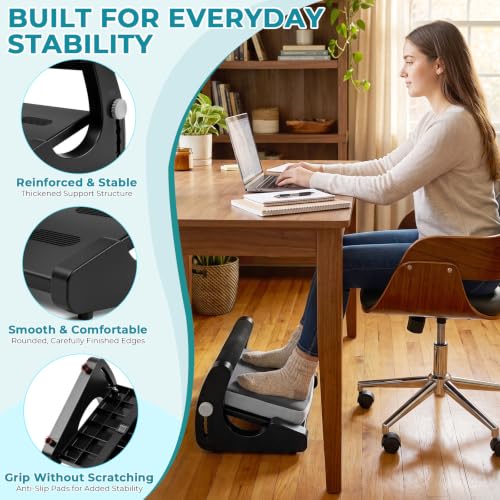 5-Level Adjustable Foot Rest Under Desk, Ergonomic Footrest with Removable Memory Foam and Massage Nodules, Sturdy Office Foot Stool and Leg Support for Work & Home, Non-Slip Base, Black