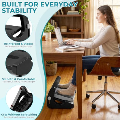 5-Level Adjustable Foot Rest Under Desk, Ergonomic Footrest with Removable Memory Foam and Massage Nodules, Sturdy Office Foot Stool and Leg Support for Work & Home, Non-Slip Base, Black