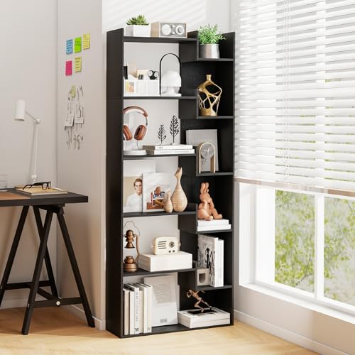 Tangkula 6-Tier Bookshelf, 64”H Tall Open Bookcase with Anti-Tip Kits, Home Office Free-Standing Wood Room Divider Display Book Shelf, Modern 11-Shelf Storage Rack for Study, Living Room (1, Black) - color: Black