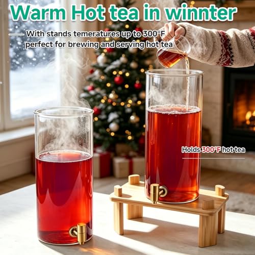 2 Gallon 2 PCS (4 gallon) Beverage Dispenser With Bamboo Wood Stand,Large Glass Drink Dispenser for Parties,Large Water Dispensers with Spigot,Juice Containers & Water Pitcher,Lemonade Dispenser