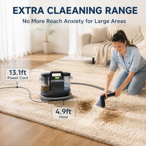 HAPOW Carpet Cleaner Machine, 18Kpa Portable Upholstery Cleaner for Couch Car fabric Furniture Mattress Area Rugs Pets Spot Extractor, with Dual Water Tanks, Cleaning Tool and Self Cleaning