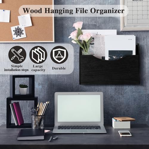 Suzile Wall Mounted Mail Organizer Wood Magazine Rack File Holder, Black