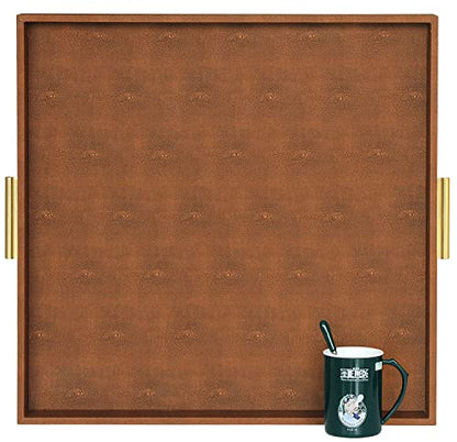HofferRuffer Extra Large Square Serving Tray, Elegant Faux Leather Ottoman Tray with Gold Hardware Handles, Serve Tea, Coffee or Breakfast in Bed, 24 x 24 inches (Brown Shagreen) - color: Brown Shagreen, size: 24" x 24" x 2"