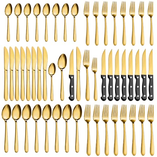 Pleafind 48-Pieces Gold Silverware Sets for 8, Stainless Steel Cutlery Set with Steak Knives, Flatware Set, Include Forks Spoons and Knives Set, Dishwasher Safe Utensil Sets for Home Restaurant - color: Gold, size: 48P