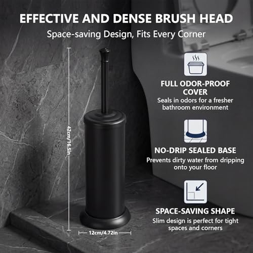 Stainless Steel Toilet Bowl Brush and Holder Set for Bathroom Long Handle - color: Black