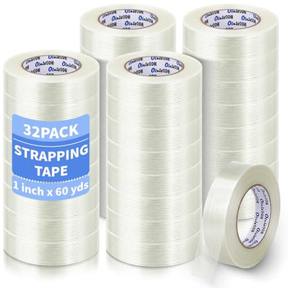 Oleitodh 32 Rolls Strapping Tape 1 Inch x 60 Yards 5.5 Mil Fiberglass Tape - size: 1in x 60Yds