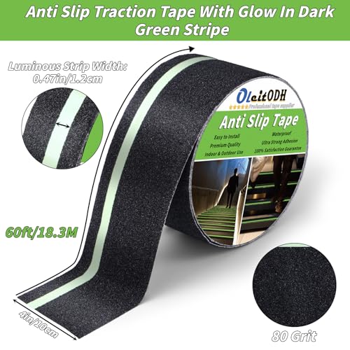 Oleitodh Anti-Slip Traction Tape, 4In x 60Ft, Glow-in-Dark Green Stripe - color: Luminescent, size: 4 in x 60 ft
