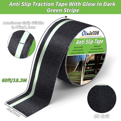 Oleitodh Anti-Slip Traction Tape, 4In x 60Ft, Glow-in-Dark Green Stripe - color: Luminescent, size: 4 in x 60 ft