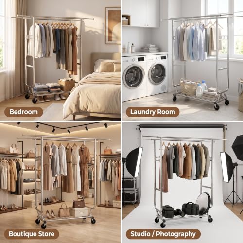 Clothes Rack, Heavy Duty Garment Rack Load 660 LBS, Rolling Clothes Rack for Hanging Clothes, Height Adjustable& Scalable& Foldable, for home or commercial, 75"x 22"x 68", Silver - color: 2 Rods& Silver