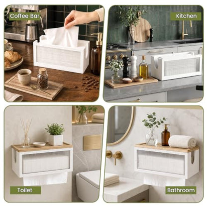 Wooden Paper Towel Holder with Lid & Acrylic Window Wall Mounted - color: White Acrylic