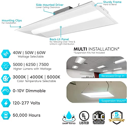 2x4 FT Center Basket LED Troffer Panel Light, 40/50/60W, 3 Color Options 3000K | 4000K | 5000K, Dimmable Drop Ceiling Lights, 5000/6250/7500 Lumens, Damp Rated, 120-277V, Premium (4 Pack) - size: 2X4 Troffer - 4 Pack