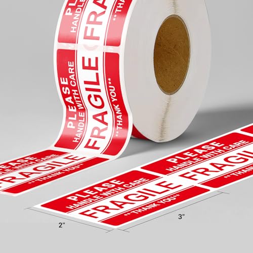 3'' x 2'' Fragile Stickers for Shipping and Moving, 500 Pcs (1 Roll) Handle with Care Fragile Labels Glass Permanent Adhesive Warning Stickers