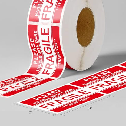 3'' x 2'' Fragile Stickers for Shipping and Moving, 500 Pcs (1 Roll) Handle with Care Fragile Labels Glass Permanent Adhesive Warning Stickers
