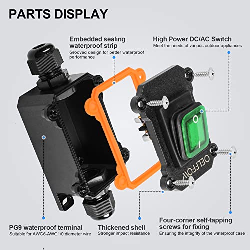 Waterproof On Off Toggle Switch Double Outlet with Green Light Rocker Button Inline Cord Switch DPST AC/DC 20A-125V,16A-250V,30A-24V,35A-12V, IP66 - color: Green/1 Switch/2 Outlet