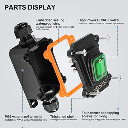 Waterproof On Off Toggle Switch Double Outlet with Green Light Rocker Button Inline Cord Switch DPST AC/DC 20A-125V,16A-250V,30A-24V,35A-12V, IP66 - color: Green/1 Switch/2 Outlet