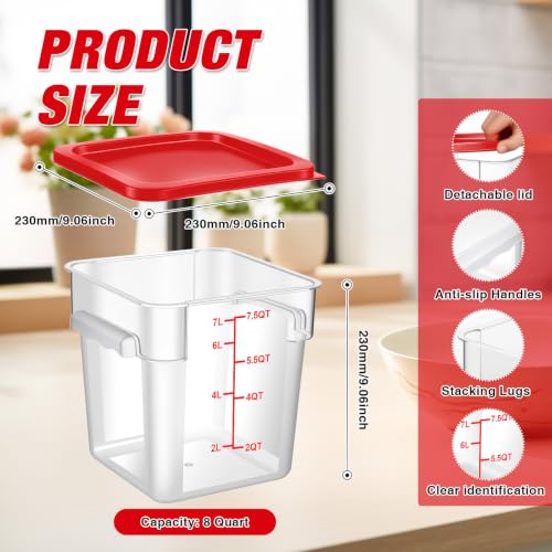 Square Storage Container with Lid, Commercial Box with Measurement Marks & Handle, for Baking, Dough Proofing, Meat Brining, Kitchen Tool(Red, 7.5QT-4PACK) - size: 7.5QT-4PACK