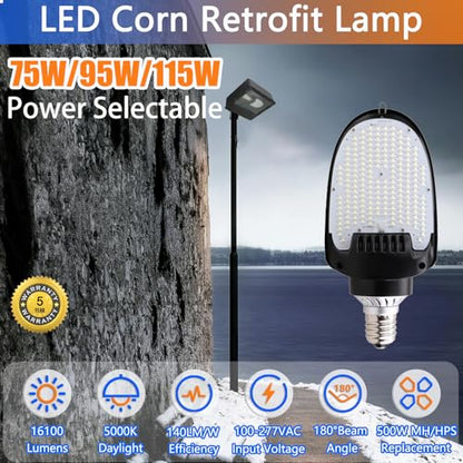 LED Shoebox Corn Retrofit Lamp, 75W/95W/115W Selectable, 5000K 16100LM