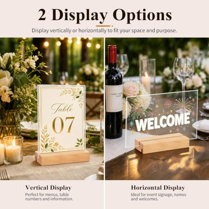 Acrylic Sign Holder with Wood Base, 4 Pack Vertical/Slant Acrylic Display - color: Natural, size: 4"x6"
