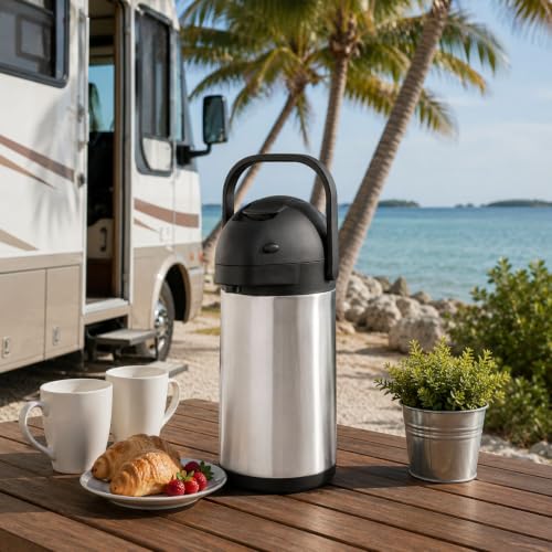 Restaurantware Met Lux 2.2 Liter Coffee Dispenser 1 Pump Lever Coffee Pump Dispenser - 24 Hour Heat Retention Built-In Handle Silver Stainless Steel Airpot Thermal Coffee Carafe For Airports - size: 74.4 Ounces