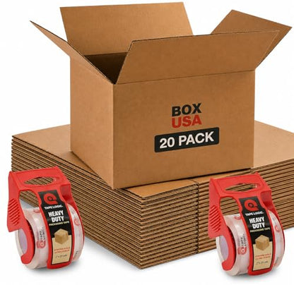 BOX USA Moving Boxes 18"L x 14"W x 12"H (20-Pack) Medium + Packaging Tape (2-Pack) - Shipping, Mailing, Packing, Packaging and Storage, ECT-32 Corrugated - style: Med 20-Pk w/Tape Dispenser 18x14x12"