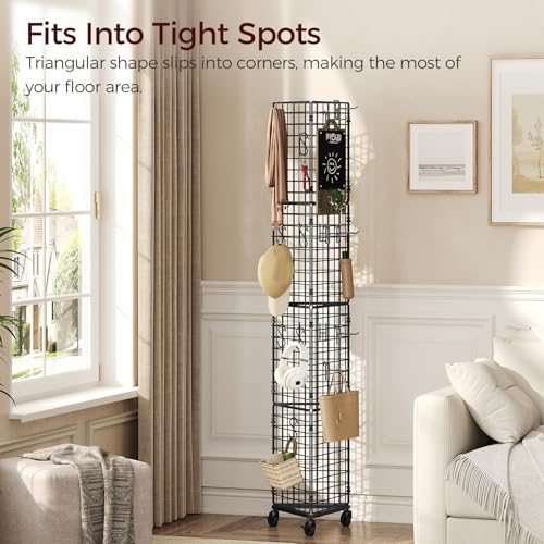 MAHANCRIS Triangular Gridwall Panel with Wheels, 3-Sided Display Stand for Vendor Events with 20 Hooks, Rolling Grid Wall Stand for Trade Shows, Retail Stores, Home Organization, Black GPBK3001