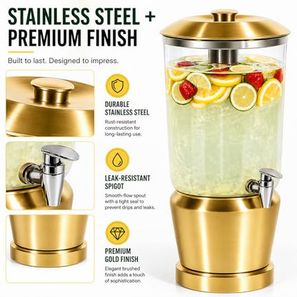 Drink Dispenser with Ice Chambers, Lemonade Tea Water Dispenser with Spigot, Stainless Steel Beverage Jar Jug, Perfect for Home Parties, Weddings, Gifts & Events (Gold, 3, Gallons) - color: Gold