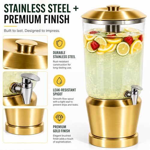 Drink Dispenser with Ice Chambers, Lemonade Tea Water Dispenser with Spigot, Stainless Steel Beverage Jar Jug, Perfect for Home Parties, Weddings, Gifts & Events (Gold, 3, Gallons) - color: Gold