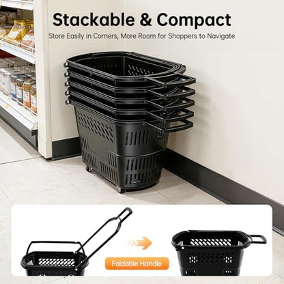 6PCS Shopping Basket 35L Portable Plastic Rolling Shopping Cart with Wheels - color: Black