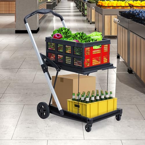 2 Tier Folding Shopping Cart for Groceries - Heavy Duty 198 LB Capacity, Two-Tier Design with Removable Crate, Instant Folding for Easy Storage - color: Red