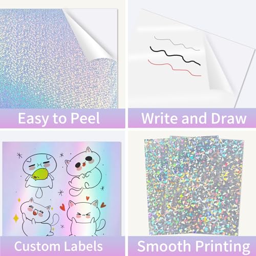 Holographic Sticker Paper for Inkjet & Laser Printer 8.5x11 inch Printable Vinyl Holographic Sticker Paper Self-Adhesive Waterproof- Diamond, Rainbow, Dots, Transparent- 20 Sheets - color: 4 Style- B, size: 8.5" x 11"