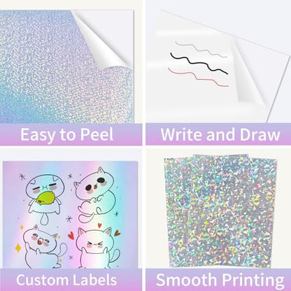 Holographic Sticker Paper for Inkjet & Laser Printer 8.5x11 inch Printable Vinyl Holographic Sticker Paper Self-Adhesive Waterproof- Diamond, Rainbow, Dots, Transparent- 20 Sheets - color: 4 Style- B, size: 8.5" x 11"