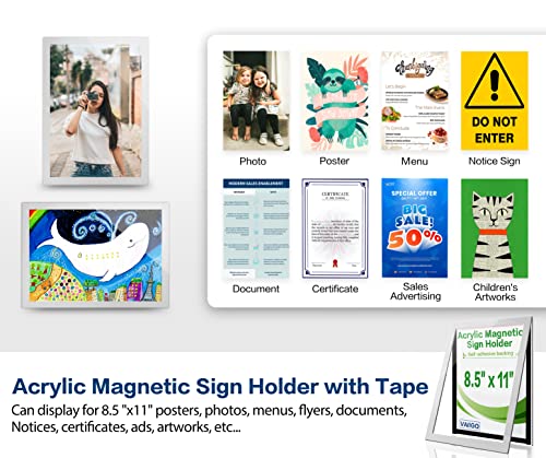 Acrylic Sign Holder 8.5" x 11" Wall Mount, Self Adhesive Magnetic Display Frame with Nano Tape, Plastic Clear Document Frame for Office, Store, School, Home, Wall Picture Display (Silver, 5Pack) - color: Silver, size: 5 Pack 8.5" x 11"