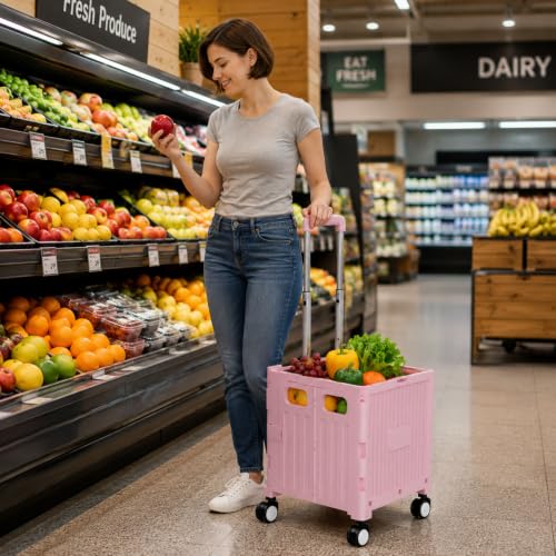 Foldable Shopping Cart with Wheels: Pink Rolling Utility Crate - color: Pink