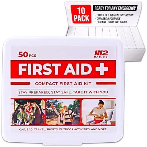 M2 BASICS 10x50 Piece Premium Mini First Aid Kit Bundle, Donation, Travel