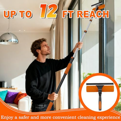 SISUPASSIE 20FT Reach 2-in-1 Window Squeegee, Professional Window Washing Kit with 3-12FT Extension Pole for Home, Indoor Outdoor Squeegee with Rotatable Head for High Windows - size: 12FT