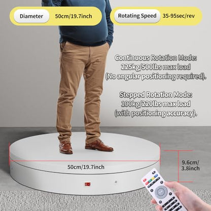 19.7In Remote Large Motorized electric turntable Rotating platform Photography Turntable Motorized lazy susan Base giratoria para for Photography,3D Scanner,Heavy duty display(Load Range:220~500lbs) - size: 19.7inch/White/500Lbs Load