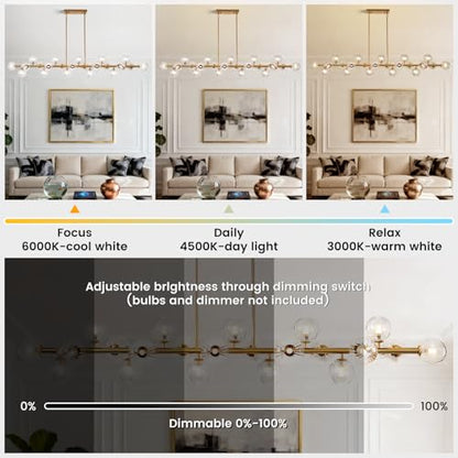 Gold Linear Large Chandelier Modern Chandelier Glass Pendant Light Fixture Adjustable for Dining Living Room Kitchen Island 22-Light 70" - color: transparent-70in